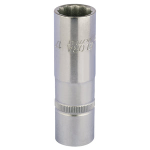 A Draper Elora Deep Bi-Hexagon Socket, 1/2" Sq. Dr., 17mm - 770-LT 17, made from durable chrome vanadium steel with a silver finish and a knurled ring around the middle for enhanced grip. It features a 12-point internal grip, meets DIN 3124/ISO 2725 standards, and offers excellent corrosion protection.