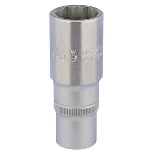 A close-up of the Draper Elora Deep Bi-Hexagon Socket, 1/2" Sq. Dr., 22mm - 770-LT 22 made from chrome vanadium steel, with engraved text on its surface ensures durability and corrosion protection.