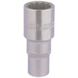 The Draper Elora Deep Bi-Hexagon Socket, 1/2" Sq. Dr., 24mm - 770-LT 24 by Draper is a silver, cylindrical socket tool made from durable chrome vanadium steel with corrosion protection and engraved text, designed for tightening or loosening nuts and bolts. It conforms to DIN 3124/ISO 2725 specifications.