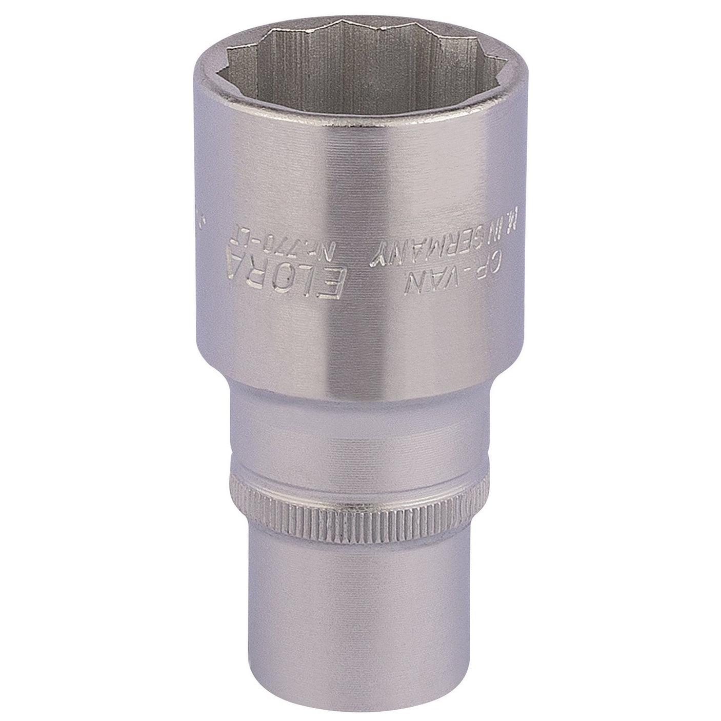 Close-up view of a Draper Elora Deep Bi-Hexagon Socket, 1/2" Sq. Dr., 30mm - 770-LT 30, made from durable chrome vanadium steel for enhanced corrosion protection.