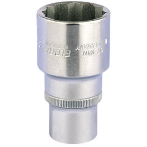 The Draper Elora Deep Bi-Hexagon Socket, 1/2" Sq. Dr., 32mm - 770-LT 32 is a shiny, cylindrical socket wrench attachment crafted from durable chrome vanadium steel, featuring a hexagonal opening and engraved text that provides excellent corrosion protection.