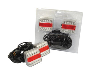 The Sparex LED Lighting Set, featuring brake, tail, indicator, and number plate functions (Sparex Part Number: S.119464), includes a 7 Pin Plug and 7.5M cables. The 12V lights have red and white sections with clear lenses.