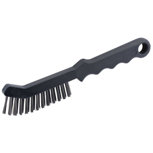 The Draper Steel Wire Fill Hand Brush, 225mm - 4861 is a black handheld brush with stiff bristles and a long handle made from tough moulded plastic, perfect for cleaning corners.