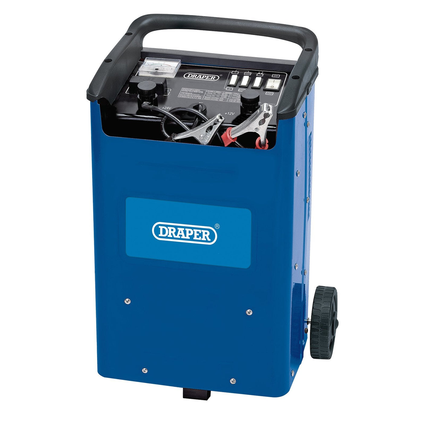 The Draper 12/24V Battery Starter/Charger, 260A - BCSD300T is a blue unit equipped with a black handle and trolley wheels. It features insulated copper leads, clamps, and control buttons on the top panel, with the "Draper" brand name prominently displayed on the front.