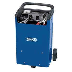 The Draper 12/24V Battery Starter/Charger, 360A - BCSD400T, in blue, features thermal overload protection and comes conveniently on wheels with attached clamps, making it ideal for charging and jump-starting vehicles in your garage workshop.