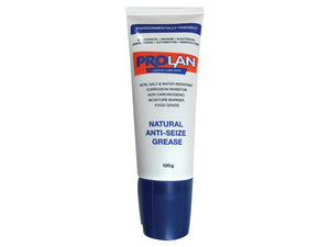 A white and blue tube of ProLan Anti-Seize Grease, 100ml (Sparex Part Number: S.119789), branded as Sparex, labeled as environmentally friendly, acid, salt and water-resistant, non-carcinogenic, and providing a moisture barrier. Available under the Tariff Code 2710198700.