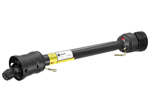 The Sparex Weasler PTO Shaft - WWCV Wide Angle - Length 1510mm, 1 3/8'' x 6 (Sparex Part Number: S.119898) is a black drive shaft equipped with protective guards on both ends and safety warning labels along its length, featuring a Weasler Clutch for added durability.