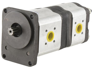 The Sparex Tandem Hydraulic Pump (Part Number: S.119932) features a double gear hydraulic system with a black mounting flange, two yellow port holes, and a visible gear shaft. The metallic body is accented with black bands and supports anti-clockwise rotation for enhanced functionality.