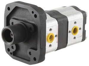 The Tandem Hydraulic Pump (Sparex Part Number: S.119933) from Sparex is a metal hydraulic tandem pump designed for anti-clockwise operation, featuring a black mounting flange and two square sections, each with yellow and gray ports.