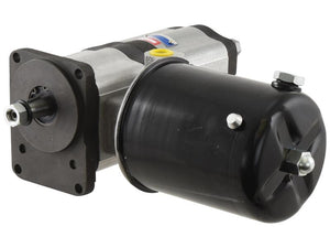 A Tandem Hydraulic Pump (Sparex Part Number: S.119934) from Sparex, featuring a metal casing, black cylindrical body, mounting flange, and various fittings, is shown against a white background. This pump is designed with anti-clockwise rotation for efficient performance.