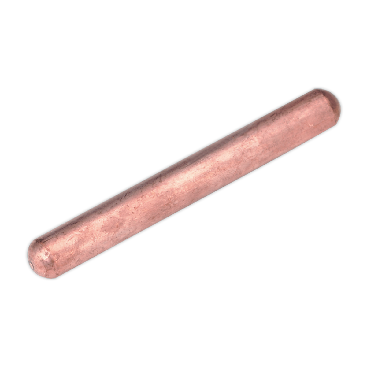 The Electrode Straight 100mm - 120/690049 by Sealey is a straight cylindrical copper rod with a smooth surface and rounded ends, shown against a transparent background, and is often used as an electrode in Sealey welders.