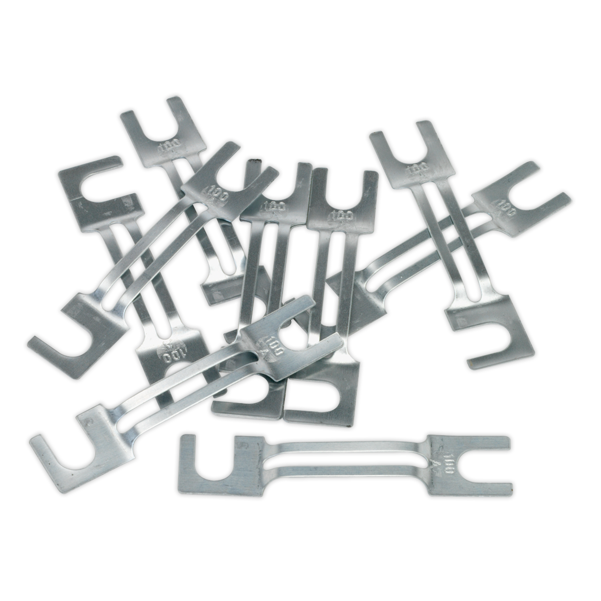 A scattered pile of Sealey Fuse 100A 99 x 20mm clips, resembling a collection, overlaps each other against a plain background.