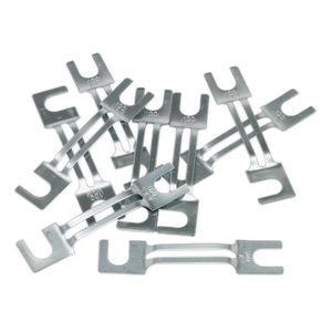 A scattered pile of Sealey Fuse 100A 99 x 20mm clips, resembling a collection, overlaps each other against a plain background.