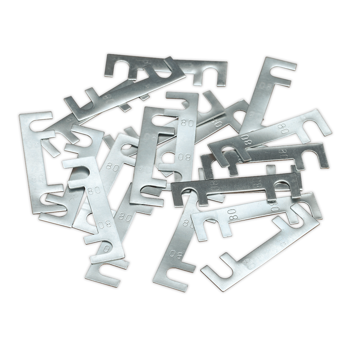 A pile of flat, metallic tools with cut-out slots and hooks, resembling shims or spacers, alongside a Fuse 80Amp 40 x 11mm Pack of 20 - 120/802260 from Sealey.