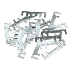 A pile of flat, metallic tools with cut-out slots and hooks, resembling shims or spacers, alongside a Fuse 80Amp 40 x 11mm Pack of 20 - 120/802260 from Sealey.