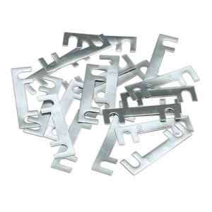 A pile of flat, metallic tools with cut-out slots and hooks, resembling shims or spacers, alongside a Fuse 80Amp 40 x 11mm Pack of 20 - 120/802260 from Sealey.