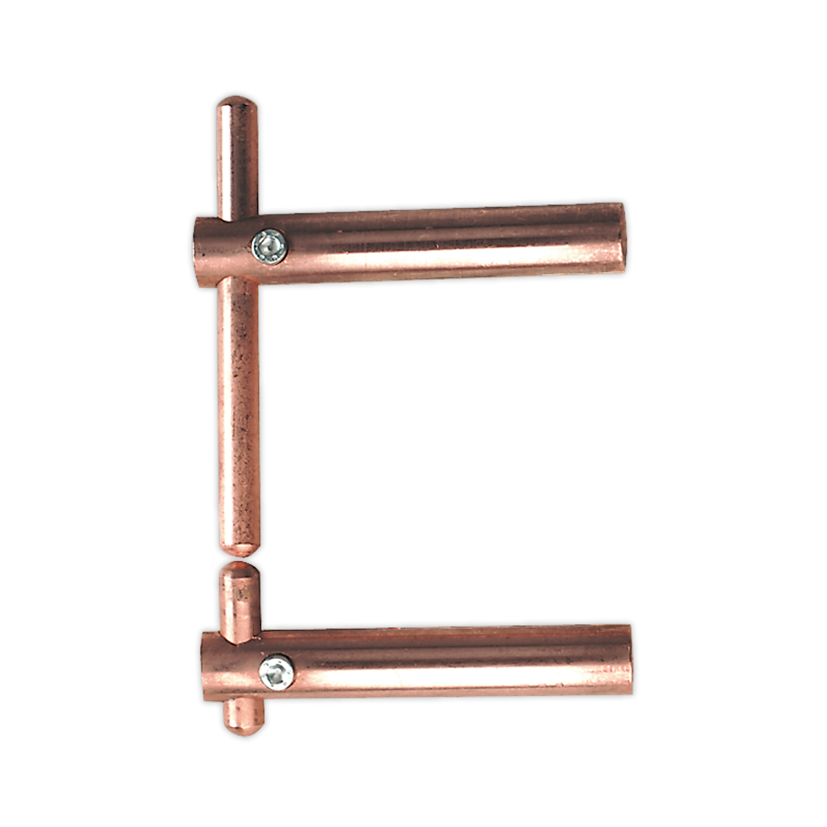 Close-up of a copper plumbing fitting with two perpendicular pipes connected by screws, resembling the precision and durability of the Sealey Spot Welding Arms 130mm Plain Electrode Holder - 120/803151.