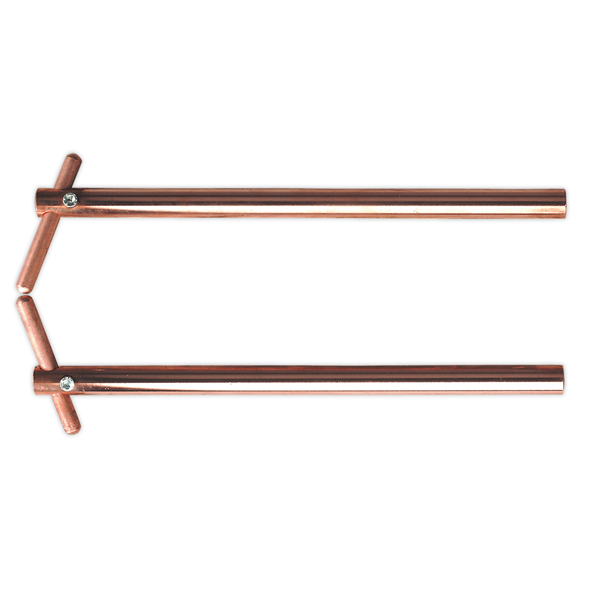 Two copper plumbing pipes aligned parallel to each other, connected at one end by a shorter horizontal pipe with T-shaped fittings, resemble the precision of Sealey's Spot Welding Arms 350mm Inclined Electrode Holder - 120/803153.