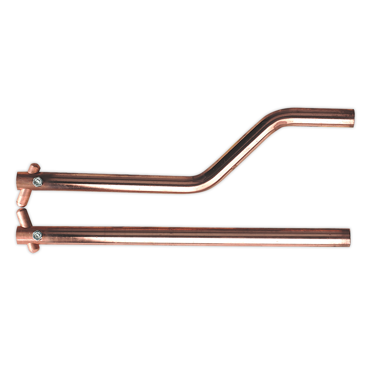 Two Sealey 350mm Spot Welding Arms with Curved Electrode Holders (product code 120/803154) joined with screws, one bent at a 90-degree angle and the other straight, viewed against a white background. These robustly constructed arms are ideal for heavy-duty spot welding applications.