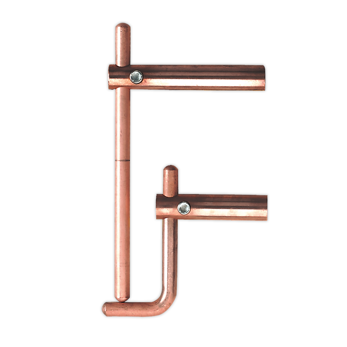 Copper pipe fittings arranged to resemble the letter "F", positioned alongside a sturdy Sealey Spot Welding Arms 120mm Exterior Profiles - 120/803158.