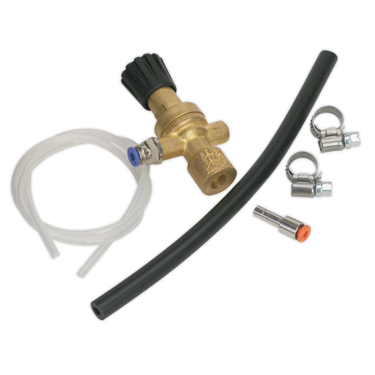 A brass valve with a black knob, a white hose, a black tube, three metal clamps, and a small connector from the Sealey No Gas/Gas Conversion Kit - 120.802032 are shown on a white background.