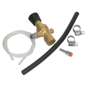 A brass valve with a black knob, a white hose, a black tube, three metal clamps, and a small connector from the Sealey No Gas/Gas Conversion Kit - 120.802032 are shown on a white background.