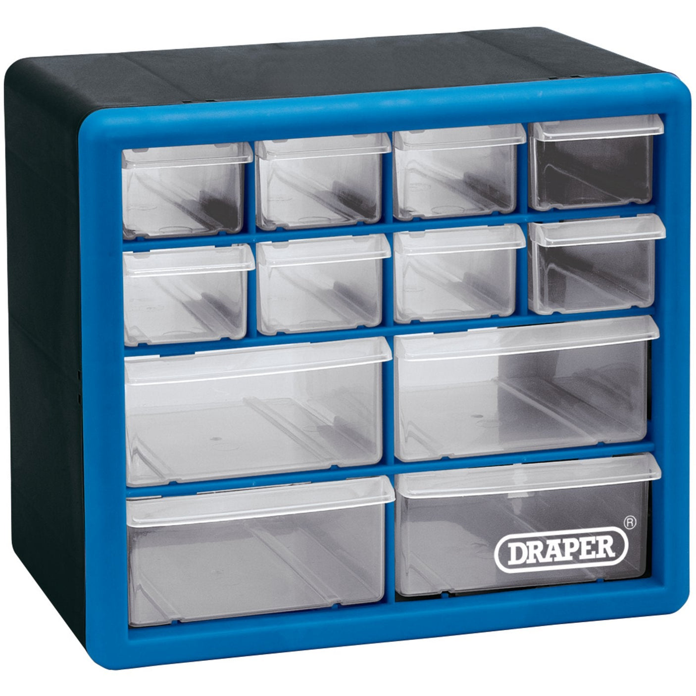 The Draper 12 Drawer Organiser - POC12 is a blue and black storage unit with 12 small transparent drawers and 3 larger ones, all made from impact-resistant plastic. The front prominently displays the "DRAPER" brand name.