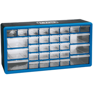 The Draper 30 Drawer Organiser - POC30 is a blue and black multi-drawer storage unit made of impact-resistant plastic, featuring 30 transparent drawers for small parts or tools, and includes an option for wall mounting.