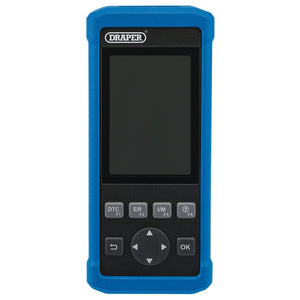 A handheld blue Draper Fault Code Reader And Oil Reset Tool - FCR-701 featuring a screen and six gray buttons, labeled DTC, ER, I/M, and navigation controls. The brand name "Draper" is displayed above the screen.