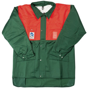 The Draper Chainsaw Jacket, Large - CSJ/N, is a green and red long-sleeve work jacket with front pockets and button closures. It features a "Tony Kart" logo on the left chest and an embroidered shield logo on the right chest. This protective jacket includes an anti-cut inlay, ensuring it meets EN381 standards for optimal safety.