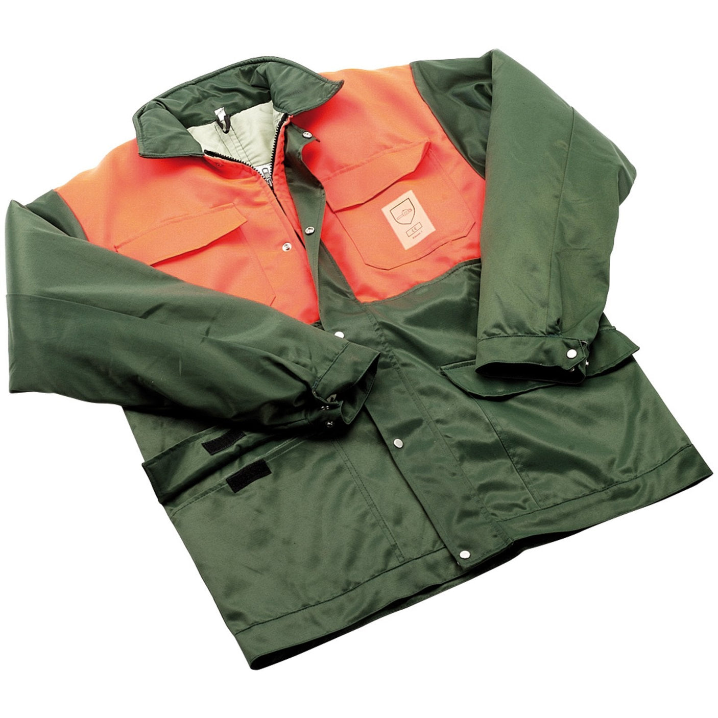 The Draper Chainsaw Jacket, Extra Large - CSJ/N, is a green and orange work jacket with multiple pockets and a logo on the chest. It's designed for durability and safety, featuring an anti-cut inlay.