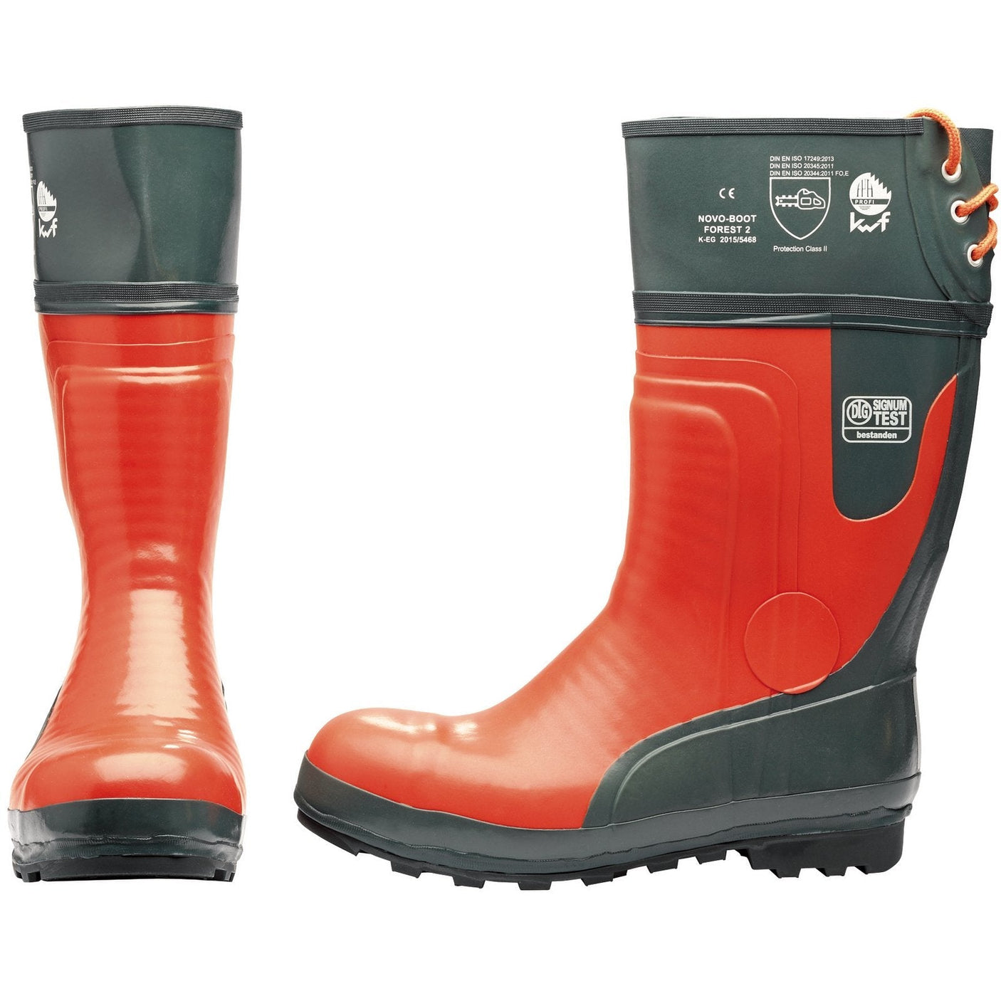 A pair of Draper Chainsaw Boots - CSB/N, featuring an orange and black design, knee-high waterproof build, reinforced steel toe caps, and traction soles. These boots meet the EN ISO 17249 standards for chainsaw cut resistance. The left boot is shown in profile, while the right boot is displayed from an angled front view.