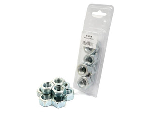 A plastic package containing several Sparex Metric Hexagon Nuts, M18x2.50mm (DIN 934) Metric Coarse (Sparex Part Number: S.12076), stands upright next to a small pile of the same type of metal nuts on a white background.