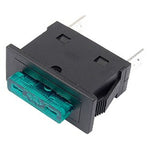 Image of the Draper Spare Fuse, 30A - YMAX-30-4, featuring a black rectangular rocker switch with a green translucent actuator and two metal prongs extending from the back.