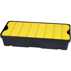 Draper Spill Drip Tray, 30L - PDT30 is a black and yellow plastic storage container featuring a textured lid and non-slip platform handles on the sides. Made from heavy-duty HDPE, it ensures the protection of workplace equipment.