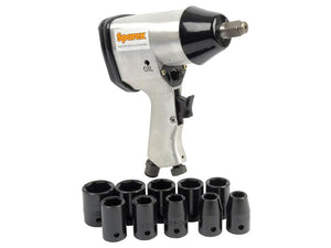 The Air Impact Wrench Set - Metric from Sparex (Part Number: S.12269) features a sleek silver and black design and comes with nine different sizes of black sockets. Be sure to explore related products to complete your toolkit.