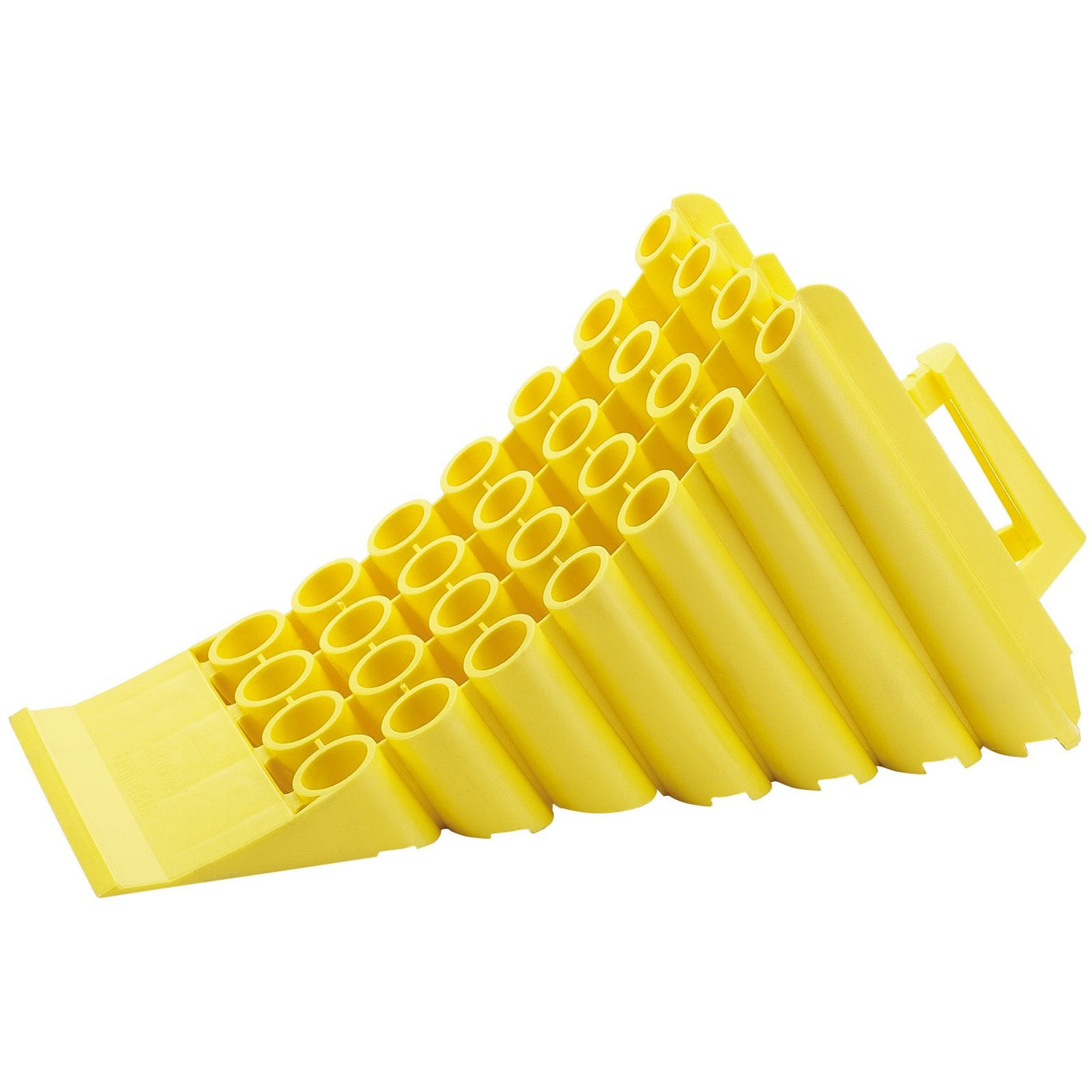 The Draper WC250 Wheel Chock, crafted from heavy-duty HDPE plastic in a vibrant yellow color, features multiple cylindrical slots arranged in rows, designed to securely hold and display various cylindrical items, ensuring stability akin to an HGV stabilizing system.