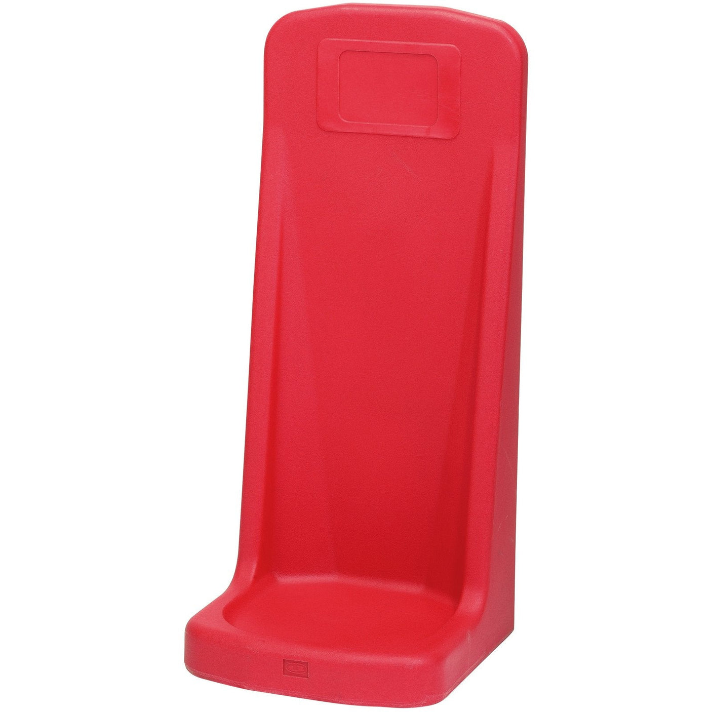 Introducing the Draper - FIREST1, a chemical-resistant, red plastic single fire extinguisher stand with a tall backrest and a simple rectangular cutout design near the top. This model features a slight dip in the middle for added comfort.