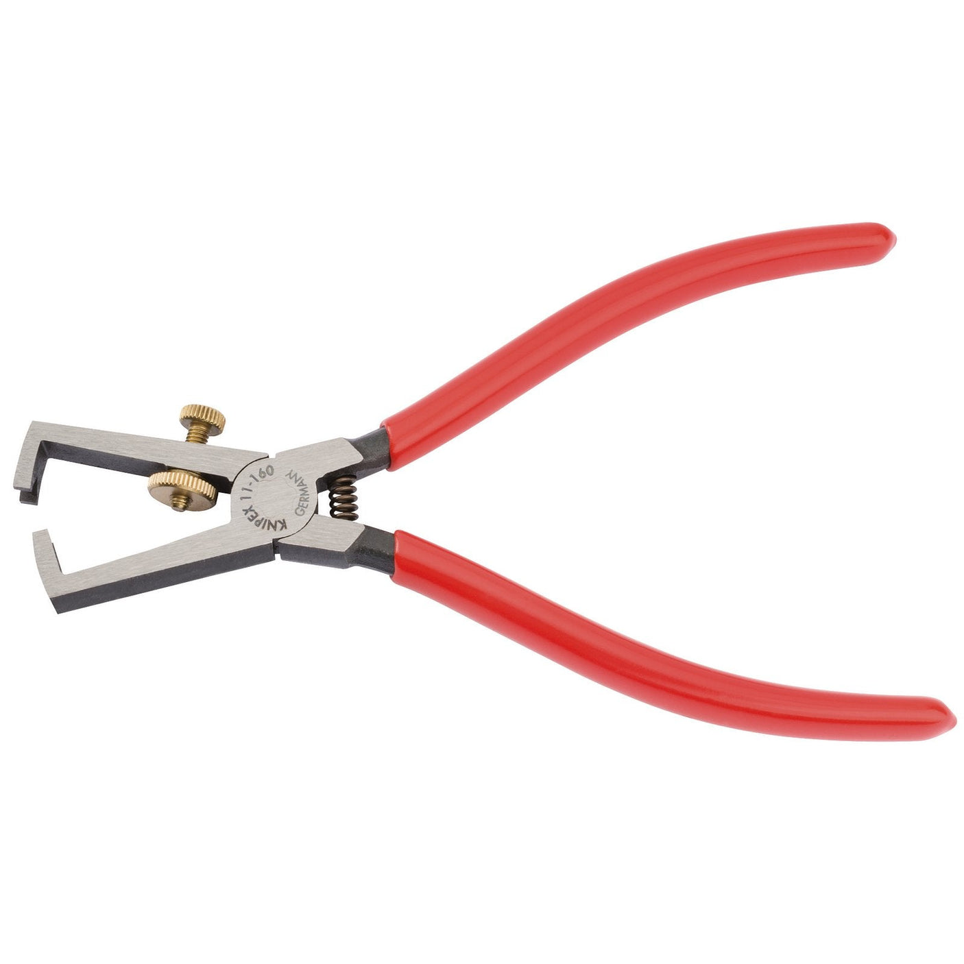 A pair of Draper Knipex 11 01 160 SBE Adjustable Wire Stripping Pliers with a red handle, featuring an adjustable brass screw mechanism and a visible spring, capable of handling wire up to 5mm.