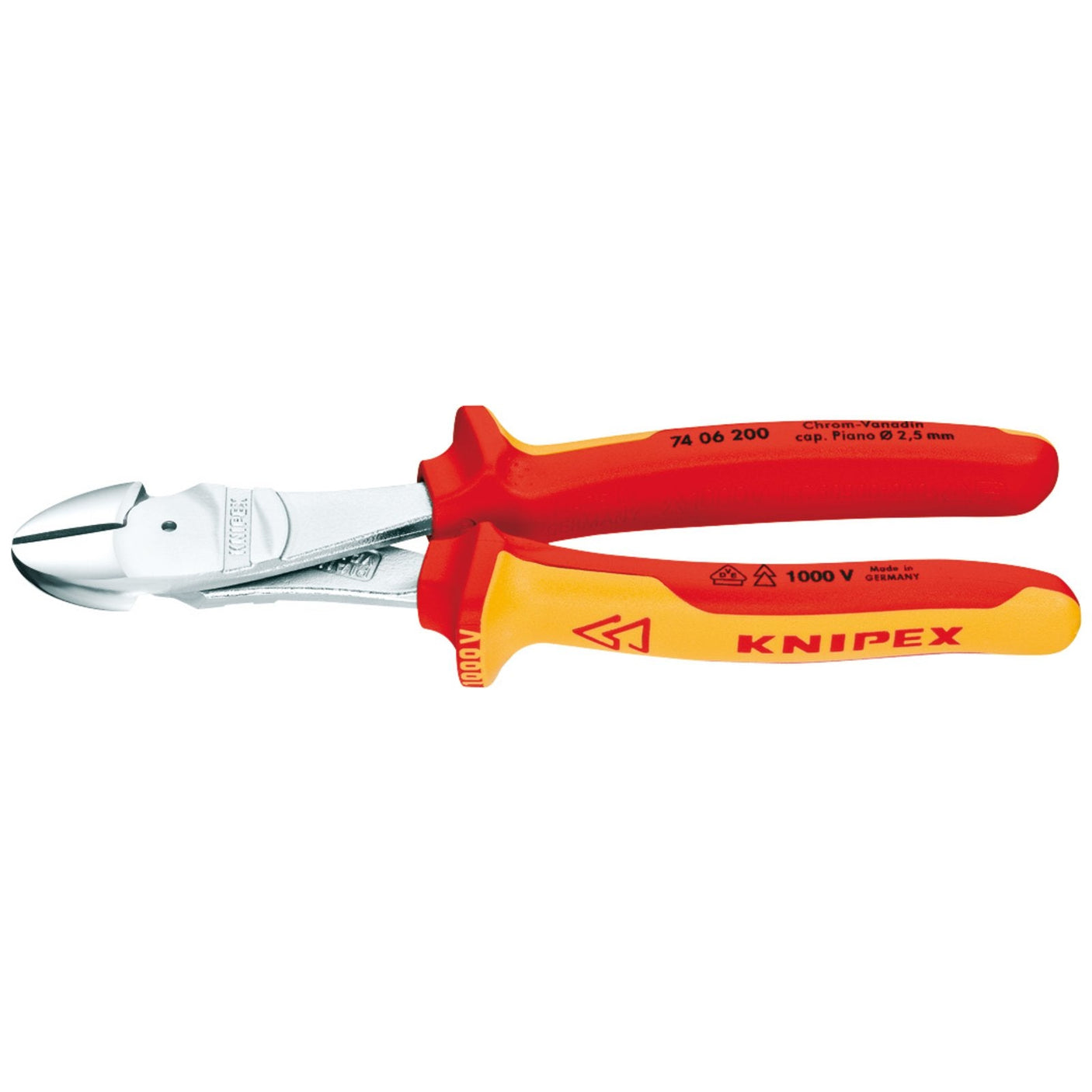 Fully insulated high leverage diagonal side cutter with 200mm red and yellow handles, labeled "Draper Knipex 74 06 200," crafted from chrome vanadium steel and induction hardened for cutting and gripping work.