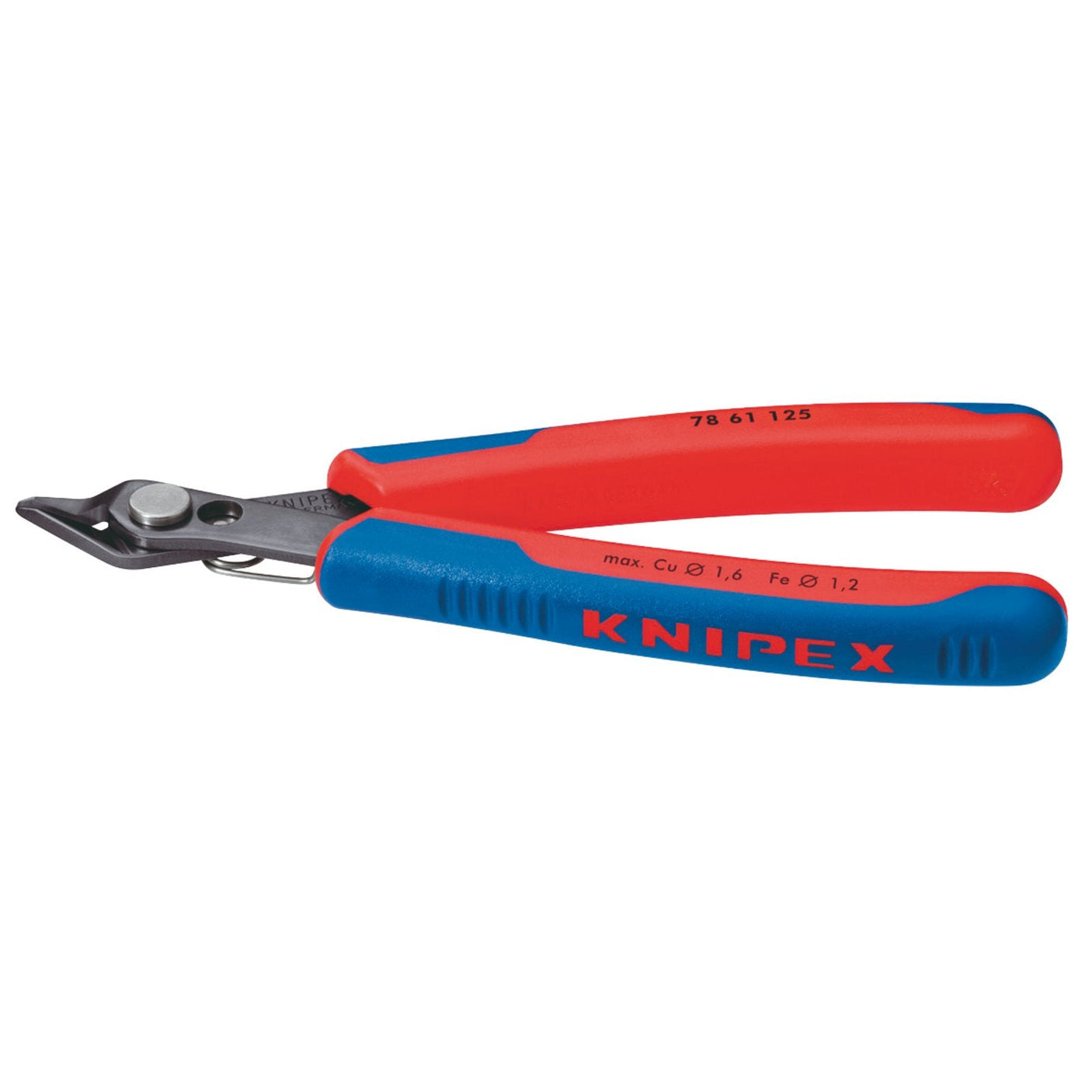 Introducing the Draper Knipex 78 61 125 Sbe Spring Steel Electronics Super-Knips, featuring precision ground cutting edges for Cu 1.6 mm and Fe 1.2 mm cuts. These professional-quality, red and blue-handled cutters have a length of 125mm and come with spring-loaded handles for enhanced ease of use.