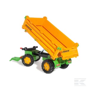 Add the Trailer, Joskin - R12320 by Rolly Toys to your rollyMulti collection—a toy model featuring a raised bed with an orange and green design, black hitch, and yellow wheel details.