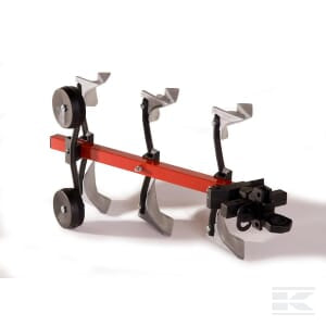 The Niemeyer Rotary Plough, model R12386 by Rolly Toys, features three curved blades and two wheels mounted on a red horizontal bar.