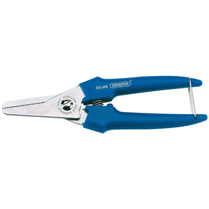 The Draper Universal Snips, 180mm - 480 feature blue handles with spring-loaded mechanisms, stainless steel blades, a serrated edge, and a secure locking system.