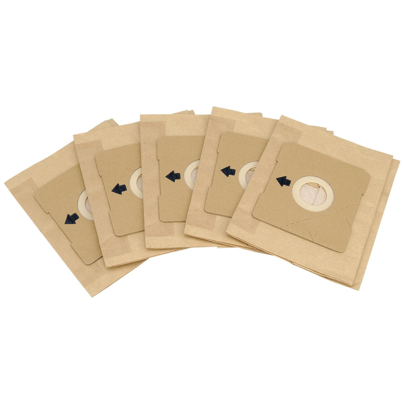 Five Draper Dust Bags for VC1600, arranged fan-like, each brown and rectangular with a circular opening and an arrow printed on the front.