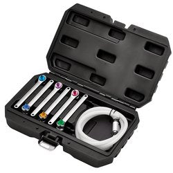 The Draper Brake & Clutch Bleeding Kit is open to showcase various high-quality steel tools and a coiled hose with an attached handpiece, all neatly organized inside.