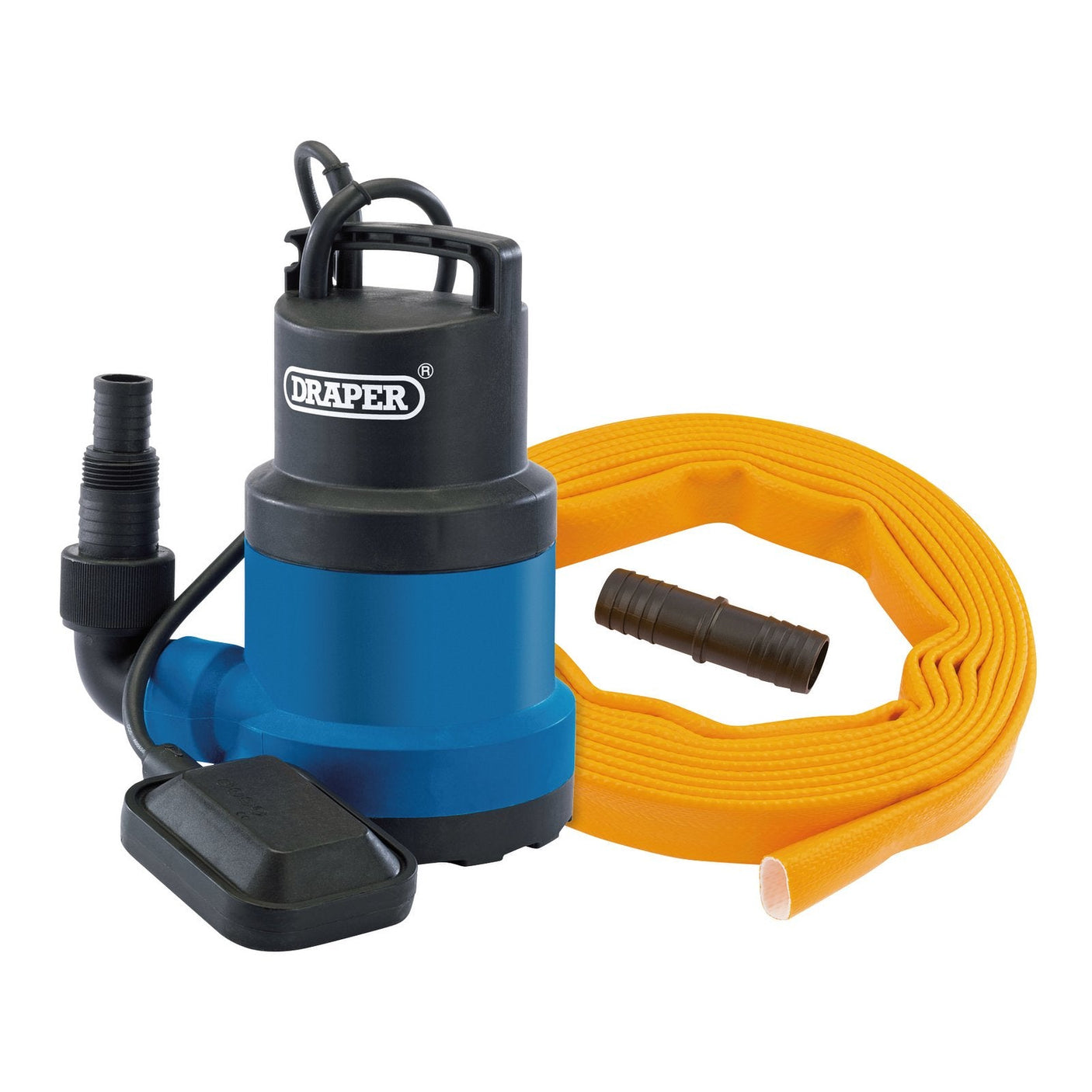 The Draper Submersible Clean Water Pump with Float Switch and Layflat Hose, known as the PTK/SUB3 model, features a blue and black body. It offers thermal overload protection and includes an orange hose and black coupler for efficient setup.