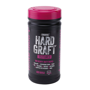 A tub of Draper Hard Graft Multipurpose Textured Wipes (100 wipes, HGW-TE100) by Draper; perfect for tackling sealant, expanding foam, paint, oil, silicone, grease, bitumen, copper pipe residue, and mud.