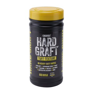 A canister of Draper Hard Graft Multipurpose Tuff-Texture Wipes (Tub Of 80) - HGW-TU80, featuring an abrasive texture for effective cleaning. With 80 multipurpose wipes, it's ideal for removing sealant, paint, oil, and more. The canister has a yellow lid and is labeled "Made in Britain.