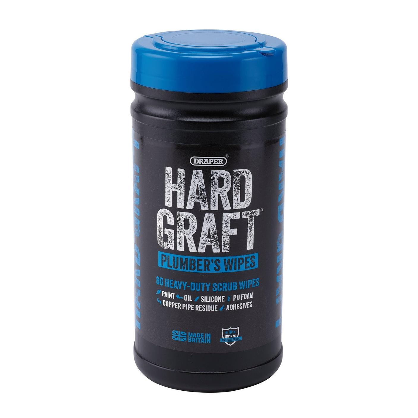 Container of Draper Hard Graft Plumber's Wipes (Tub Of 80) - HGW-PL80, featuring medium-abrasive, dermatologically tested wipes for cleaning paint, oil, silicone, PU foam, copper pipe residue, and adhesives.